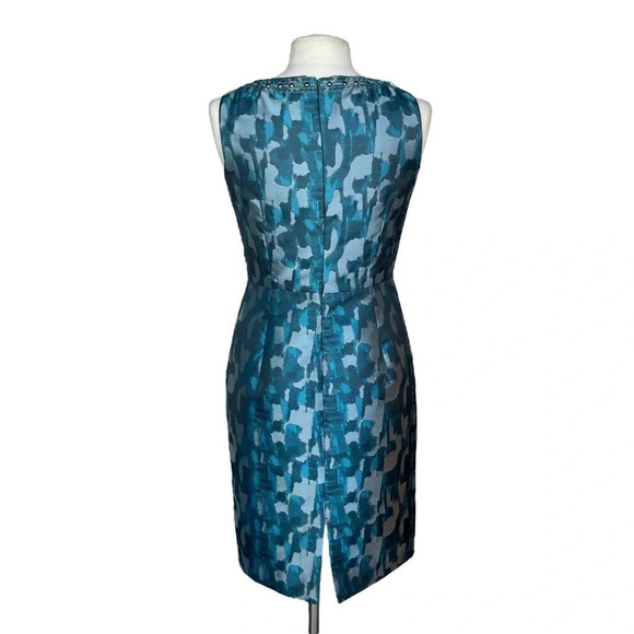 TAHARI ARTHUR S LEVINE Size 6 Teal Jewels Neckline Metallic Jacquard Dress - Picture 2 of 3